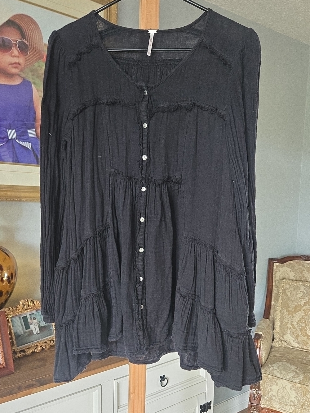 Free People Black Tiered Button-Front Tunic